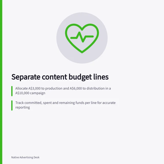 Separate content budget lines: Allocate A$3,000 to production and A$6,000 to distribution in a A$10,000 campaign; Track committed, spent and remaining funds per line for accurate reporting; Include GST on all lines before comparing totals to ensure consistency. Budgeting for content production and distribution separately