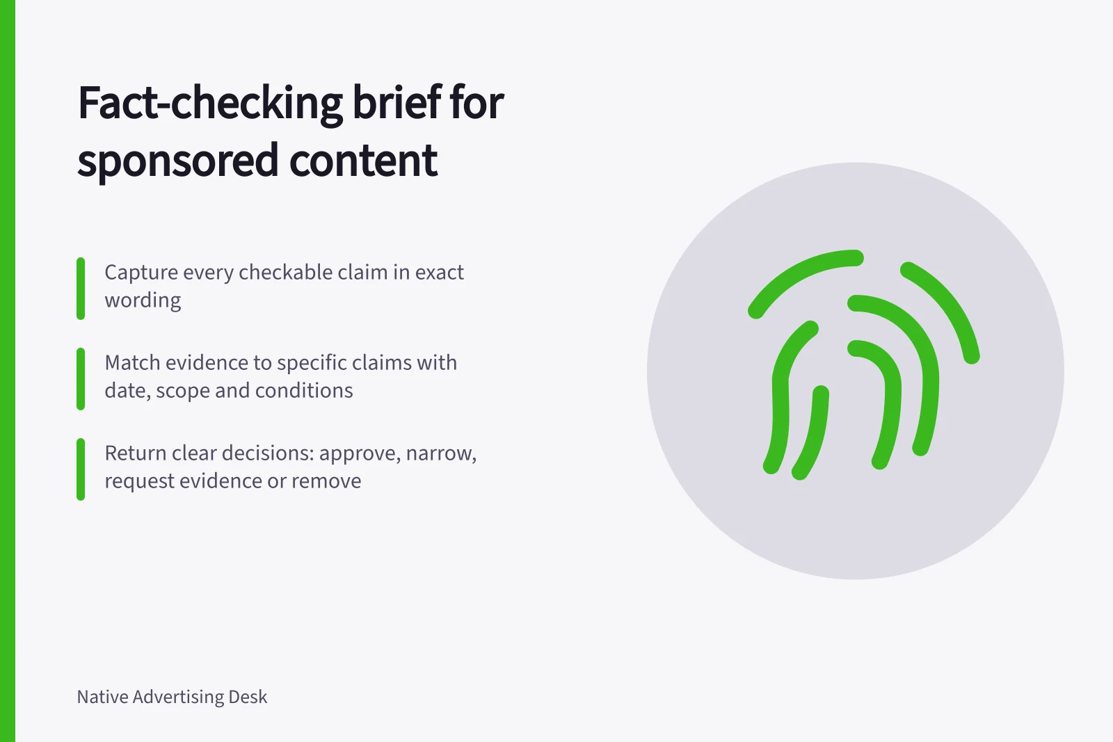 Fact-checking brief for sponsored content: Capture every checkable claim in exact wording; Match evidence to specific claims with date, scope and conditions; Return clear decisions: approve, narrow, request evidence or remove