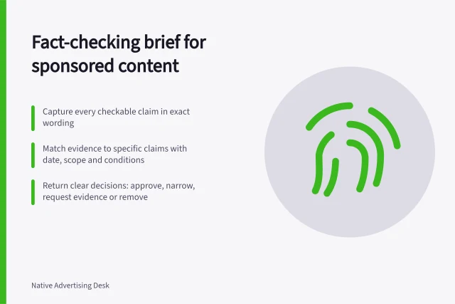 Fact-checking brief for sponsored content: Capture every checkable claim in exact wording; Match evidence to specific claims with date, scope and conditions; Return clear decisions: approve, narrow, request evidence or remove. Building a fact-checking brief for sponsored content