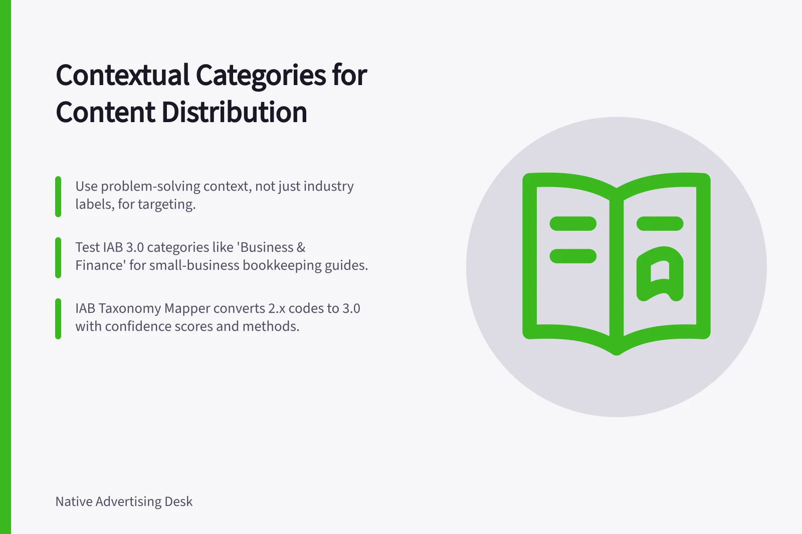 Contextual Categories for Content Distribution: Use problem-solving context, not just industry labels, for targeting.; Test IAB 3.0 categories like 'Business & Finance' for small-business bookkeeping guides.; IAB Taxonomy Mapper converts 2.x codes to 3.0 with confidence scores and methods.