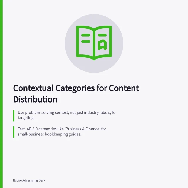 Contextual Categories for Content Distribution: Use problem-solving context, not just industry labels, for targeting.; Test IAB 3.0 categories like 'Business & Finance' for small-business bookkeeping guides.; IAB Taxonomy Mapper converts 2.x codes to 3.0 with confidence scores and methods. Choosing contextual categories for native distribution