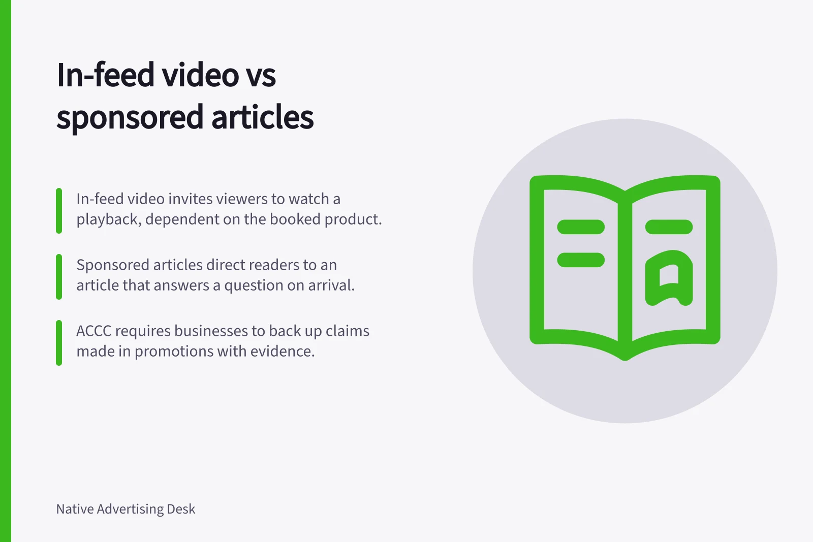 In-feed video vs sponsored articles: In-feed video invites viewers to watch a playback, dependent on the booked product.; Sponsored articles direct readers to an article that answers a question on arrival.; ACCC requires businesses to back up claims made in promotions with evidence.