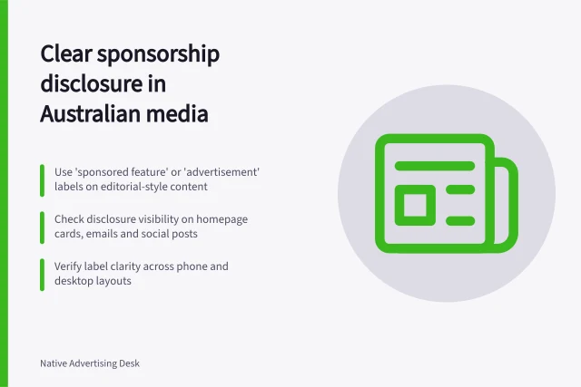 Clear sponsorship disclosure in Australian media: Use 'sponsored feature' or 'advertisement' labels on editorial-style content; Check disclosure visibility on homepage cards, emails and social posts; Verify label clarity across phone and desktop layouts. Disclosing sponsorship where readers will notice it