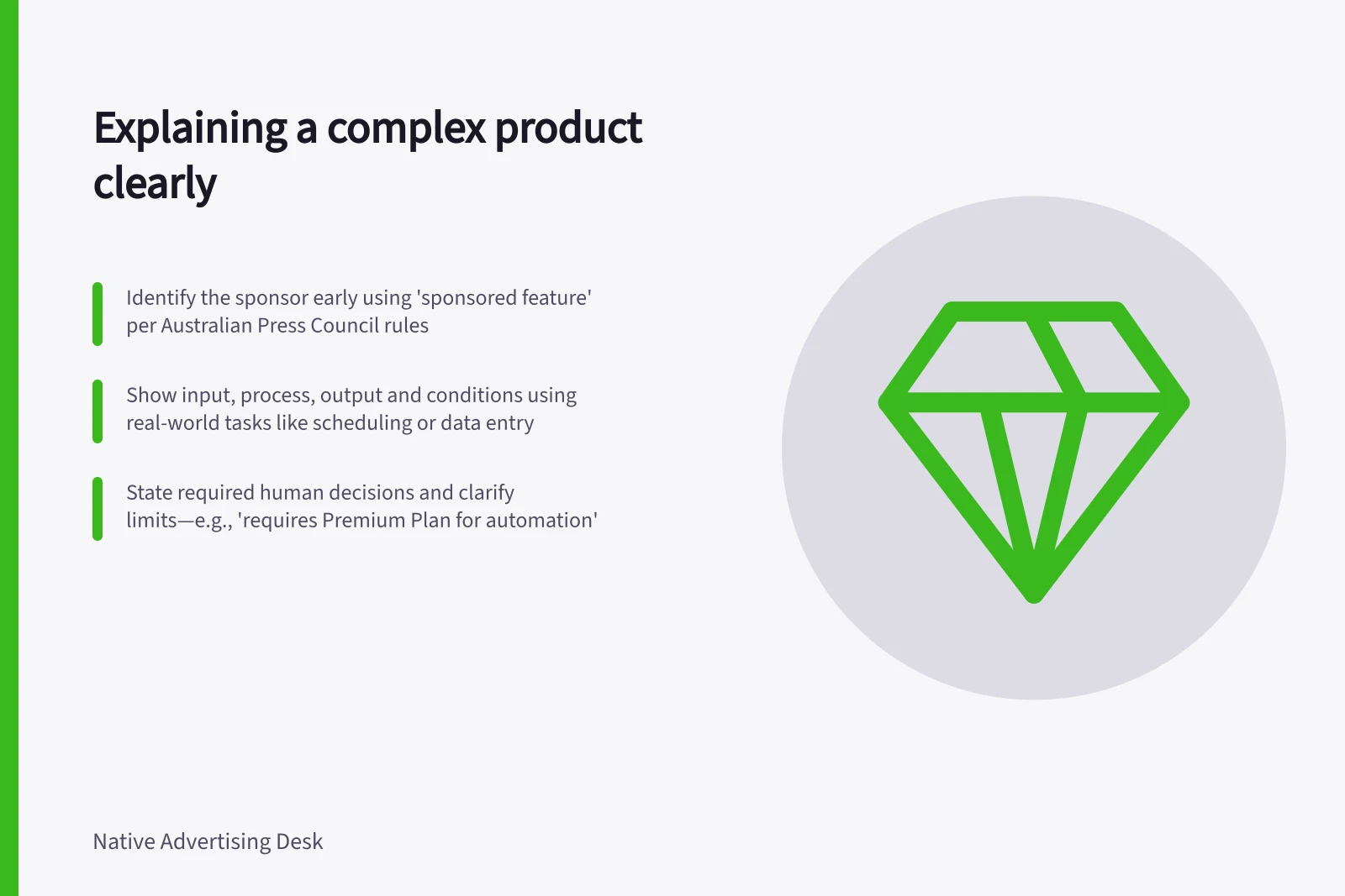 Explaining a complex product clearly: Identify the sponsor early using 'sponsored feature' per Australian Press Council rules; Show input, process, output and conditions using real-world tasks like scheduling or data entry; State required human decisions and clarify limits—e.g., 'requires Premium Plan for automation'