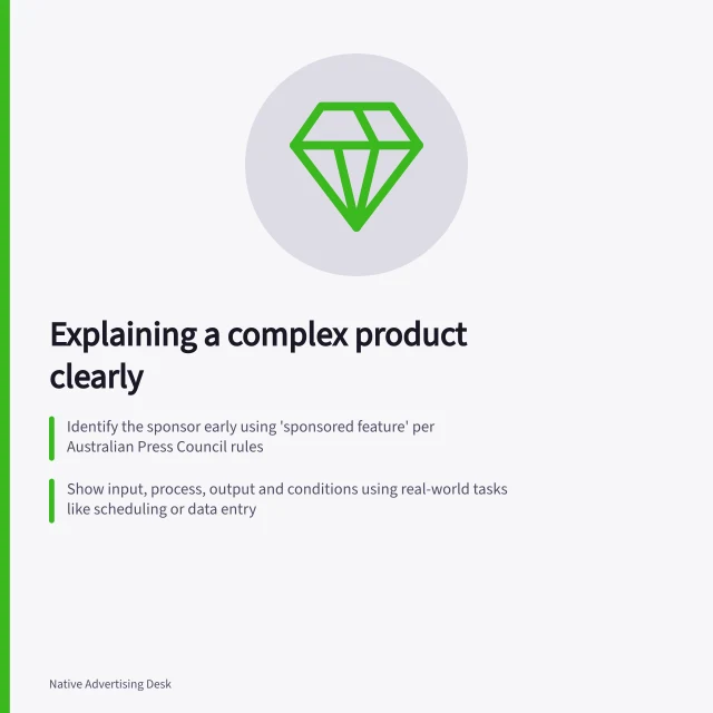 Explaining a complex product clearly: Identify the sponsor early using 'sponsored feature' per Australian Press Council rules; Show input, process, output and conditions using real-world tasks like scheduling or data entry; State required human decisions and clarify limits—e.g., 'requires Premium Plan for automation'. Explaining a complex product without disguising the sponsor