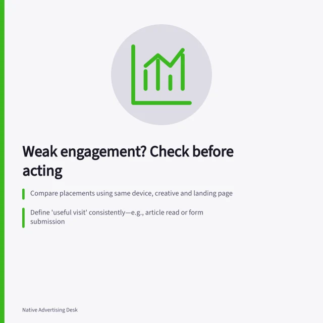 Weak engagement? Check before acting: Compare placements using same device, creative and landing page; Define 'useful visit' consistently—e.g., article read or form submission; Check for technical issues: redirects, loading delays, or tracking gaps. Identifying placements with unusually weak engagement