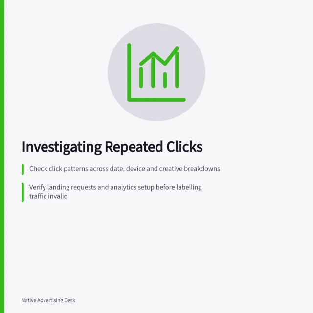 Investigating Repeated Clicks: Check click patterns across date, device and creative breakdowns; Verify landing requests and analytics setup before labelling traffic invalid; Confirm platform's invalid-traffic filtering and billed clicks with supplier. Investigating repeated clicks from low-quality sources
