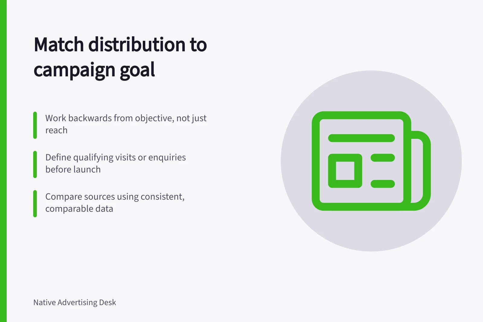 Match distribution to campaign goal: Work backwards from objective, not just reach; Define qualifying visits or enquiries before launch; Compare sources using consistent, comparable data