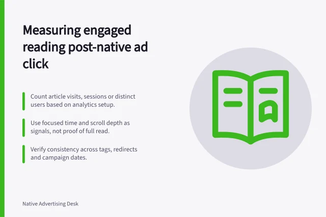 Measuring engaged reading post-native ad click: Count article visits, sessions or distinct users based on analytics setup.; Use focused time and scroll depth as signals, not proof of full read.; Verify consistency across tags, redirects and campaign dates. Measuring engaged reading after a native ad click