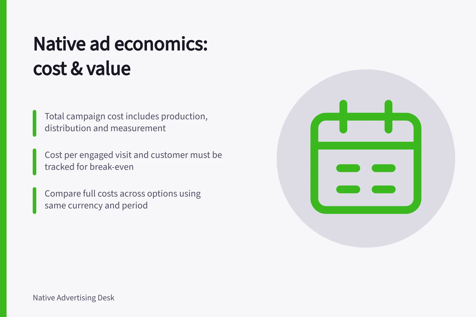 Native ad economics: cost & value: Total campaign cost includes production, distribution and measurement; Cost per engaged visit and customer must be tracked for break-even; Compare full costs across options using same currency and period
