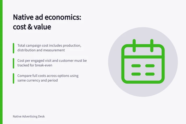 Native ad economics: cost & value: Total campaign cost includes production, distribution and measurement; Cost per engaged visit and customer must be tracked for break-even; Compare full costs across options using same currency and period. Native advertising economics