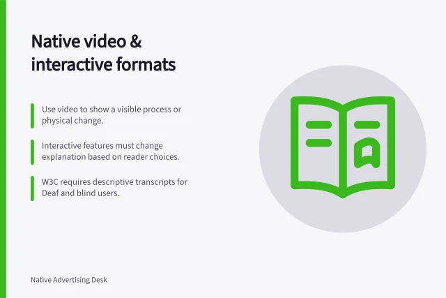 Native video & interactive formats: Use video to show a visible process or physical change.; Interactive features must change explanation based on reader choices.; W3C requires descriptive transcripts for Deaf and blind users. Native video and interactive formats
