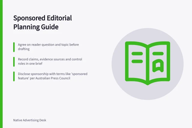 Sponsored Editorial Planning Guide: Agree on reader question and topic before drafting; Record claims, evidence sources and control roles in one brief; Disclose sponsorship with terms like 'sponsored feature' per Australian Press Council. Planning sponsored editorial content