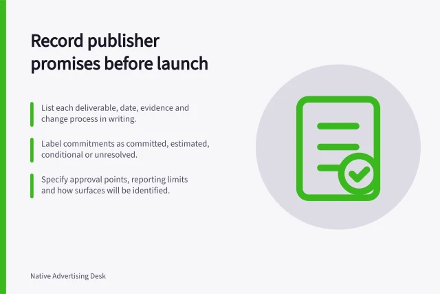 Record publisher promises before launch: List each deliverable, date, evidence and change process in writing.; Label commitments as committed, estimated, conditional or unresolved.; Specify approval points, reporting limits and how surfaces will be identified. Recording publisher commitments before launch