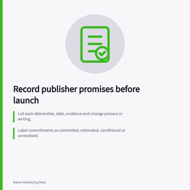 Record publisher promises before launch: List each deliverable, date, evidence and change process in writing.; Label commitments as committed, estimated, conditional or unresolved.; Specify approval points, reporting limits and how surfaces will be identified. Recording publisher commitments before launch
