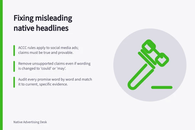 Fixing misleading native headlines: ACCC rules apply to social media ads; claims must be true and provable.; Remove unsupported claims even if wording is changed to 'could' or 'may'.; Audit every promise word by word and match it to current, specific evidence. Removing unsupported claims from native headlines