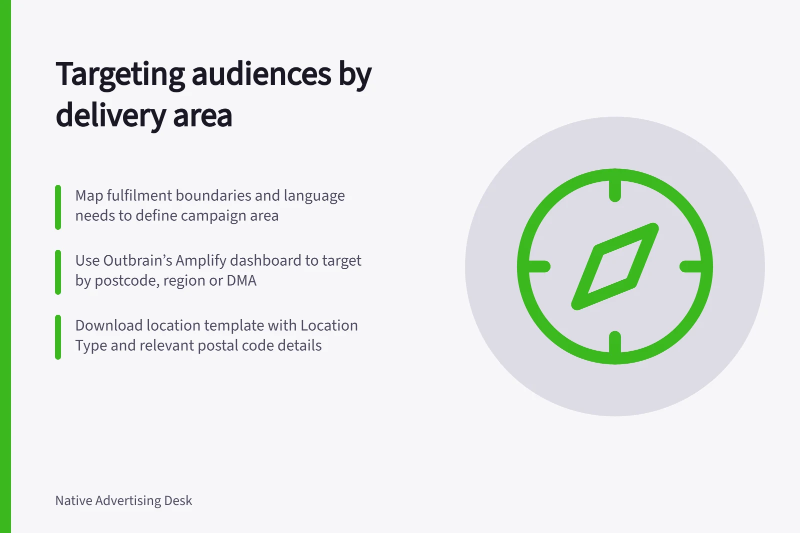 Targeting audiences by delivery area: Map fulfilment boundaries and language needs to define campaign area; Use Outbrain’s Amplify dashboard to target by postcode, region or DMA; Download location template with Location Type and relevant postal code details