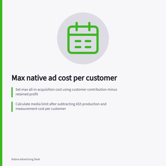 Max native ad cost per customer: Set max all-in acquisition cost using customer contribution minus retained profit; Calculate media limit after subtracting A$5 production and measurement cost per customer; Determine max media cost per valid visit at A$2.25 using 5% conversion rate. Setting a maximum acquisition cost for native traffic