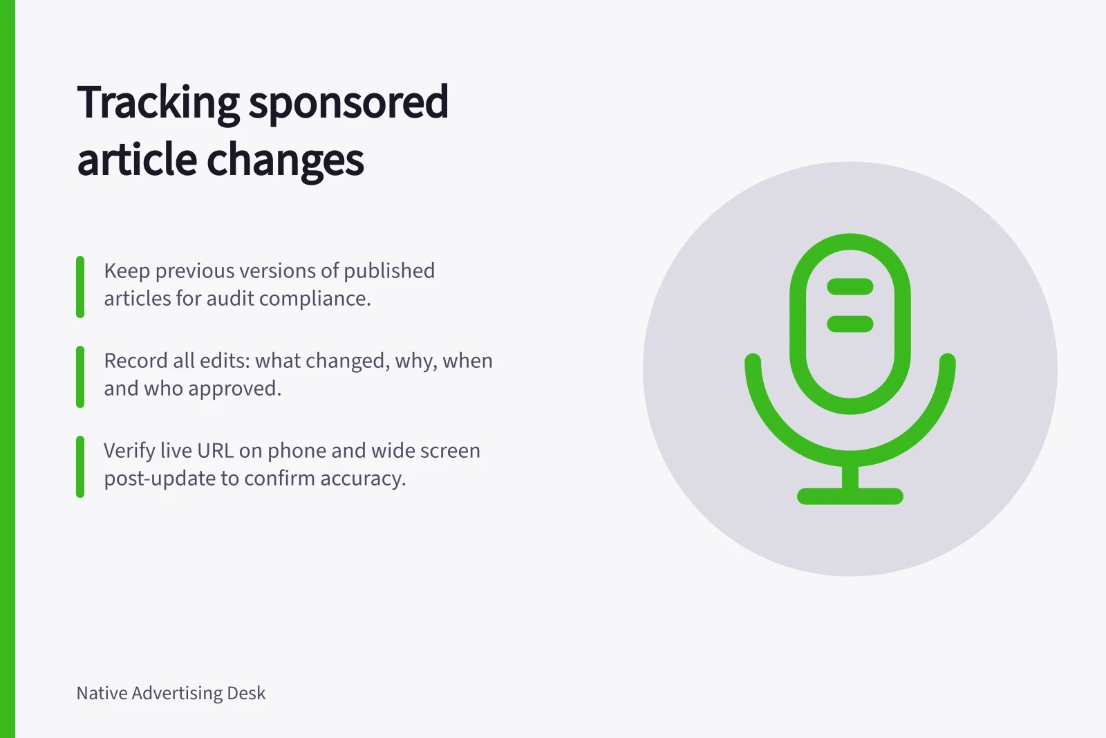 Tracking sponsored article changes: Keep previous versions of published articles for audit compliance.; Record all edits: what changed, why, when and who approved.; Verify live URL on phone and wide screen post-update to confirm accuracy.